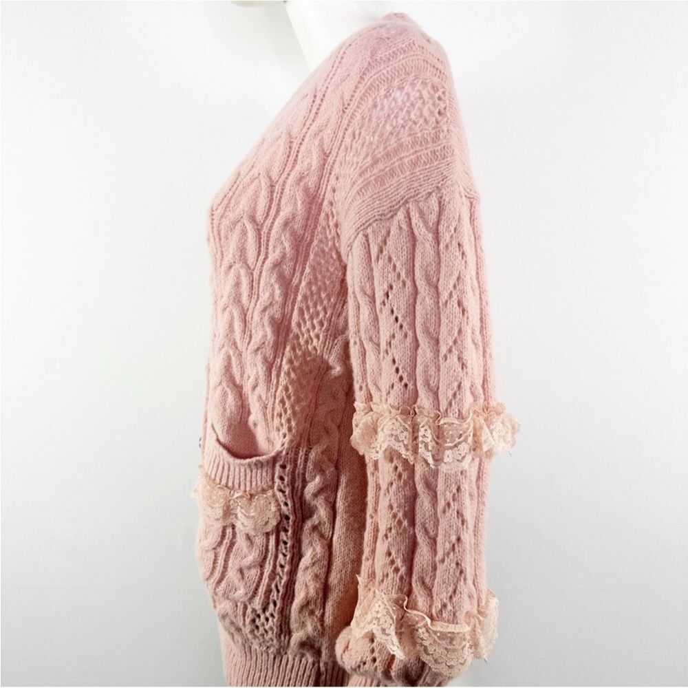 Romwe Kawaii Pink Cable Knit Lace Pearl Button Down Sweater Cardigan S - Picture 5 of 12